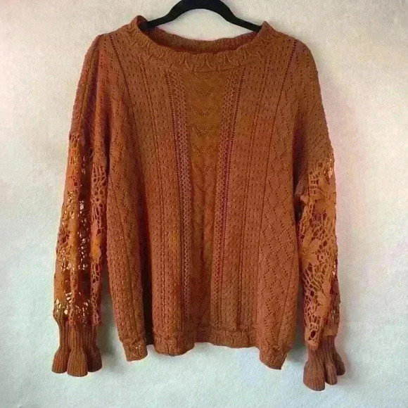 Women's Burnt Orange Crochet Pointelle Knit Sweater Size Large Fall Boho‎ Autumn - Picture 2 of 10